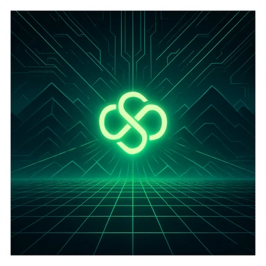 futuristic neon digital artwork with symmetrical layout, central glowing logo resembling an abstract knot or infinity symbol emitting bright green light, background with grid pattern on lower half, upper half with stylized mountain shapes, geometric lines and patterns in green and blue, radiating lines from logo, sense of depth and movement sticker