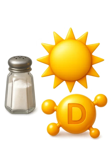 emoji stile iphone di una boccetta di sale, un sole, una particella chimica di VITAMINA D, IPERREALISTICO 4K sticker