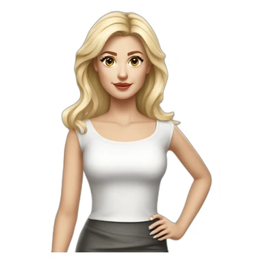 hyperrealistic caucasian long blonde brown eyes woman white top gray tight mini skirt black high heels sticker