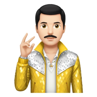 Freddie Mercury with black hair, white sequin shirt, yellow sequin jacket sticker