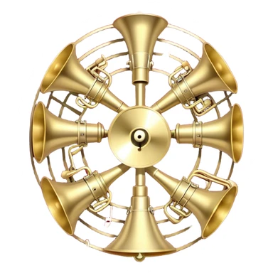 Create a festive and elegant emoji collage featuring a bouquet or fan of brass instrument bells (trumpets, saxophones, trombones, etc.) arranged in a radiant, symmetrical pattern. The instruments should have polished, golden and silver finishes, with their large, shiny bells forming a beautiful, fan-like display. Include a flowing ribbon of musical notes swirling through the center, conveying movement and melody. The background should feature a deep red velvet texture, adding a touch of luxury and sophistication. The overall composition should be balanced, with an elegant and regal feel, with a transparent background to keep focus on the instruments and musical elements. sticker