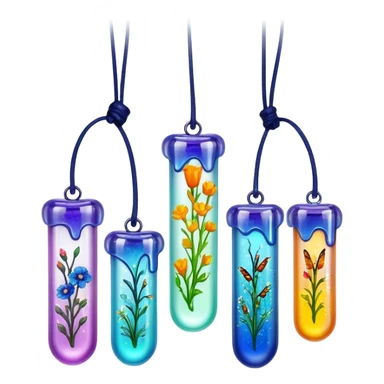 Create an icon that represents decorative arts using epoxy resin. The design should feature colorful tubes of resin, including fluorescent resin tubes, with visible drops or strokes of resin being applied to create intricate designs. Include finished resin jewelry pieces, such as pendants or rings, containing preserved flowers and insects encased in clear resin. The composition should feel vibrant, artistic, and delicate, showcasing the unique beauty of resin art with natural elements. The background should be transparent sticker