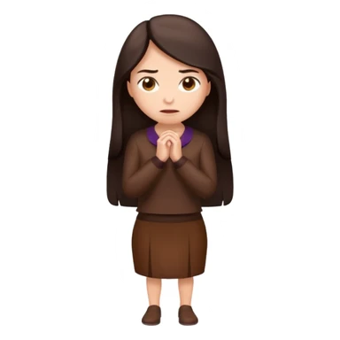 =Cartoon emoji of a woman with long, loose dark hair, wearing chocolate-colored clothes. Full-height, standing, nervous, unsure, worried expression. Slightly hunched, anxious posture. Smooth, simple, stylized sticker