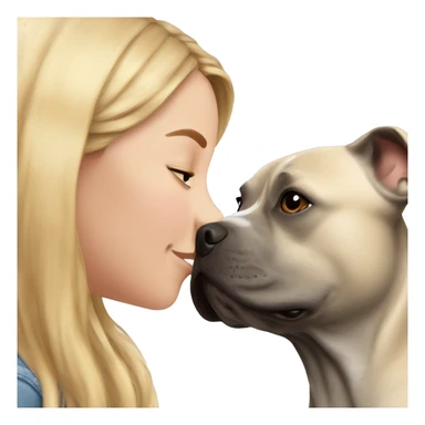 A girl with long blond hair kisses a gray Staffordshire Bull Terrier dog on the nose sticker
