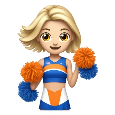 Caucasian Cheerleader with orange and blue Pom poms  in her hand and a “K1 “on Uniform sticker