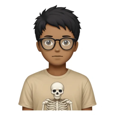 black anime hair guy with skeleton makeup wearing a stussy tshirt with glasses sticker