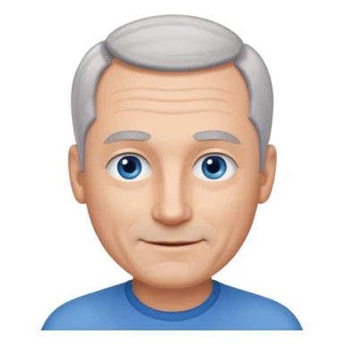 Middle aged man with receding grey hair and no beard, blue eyes, shy smile sticker
