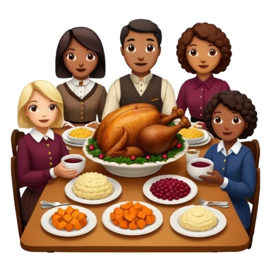 Thanksgiving Dinner with 6 friends of all different races around the table; have the food be a cooked turkey, mashed potatoes, corn, a basket of biscuits, a small bowl of cranberry sauce, baked yams, steamed vegetables, and a bottle of wine. sticker