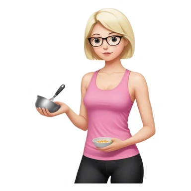 View from knees up, view from the back, fair skinned woman, thick milf, short blond hair, small reading glasses, cooking dinner in kitchen, pink loose tank top, showing natural B cup breast shape SFW, black yoga pants, large curvy booty sticker
