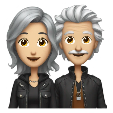 grey-haired fashionable woman, next to male punk with long brown hair and a mustache and a lip ring, smiling sticker
