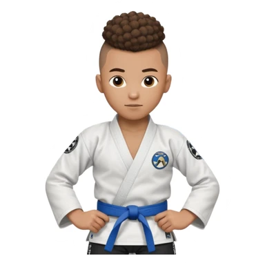 Mixed race boy BJJ instructor with pony tail afro hair and shaved bald sides haircut, Make the hair brown and the belt blue. Add the roger Gracie academy logo on the go also and the p logo of progress jiu jitsu on the right arm sleeve  at the top sticker