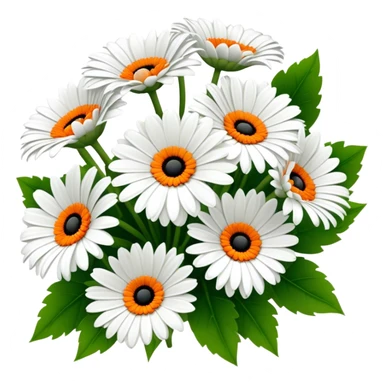 bouquet White Gerbera Daisy, luxuriant, leaf, bud, black pollen, orange style sticker
