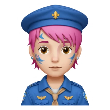 scout boy long hair face tatooes pink haired, wearing blue uniform with hat sticker