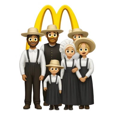 Amish family wearing bonnets under big McDonalds Golden Arches sticker