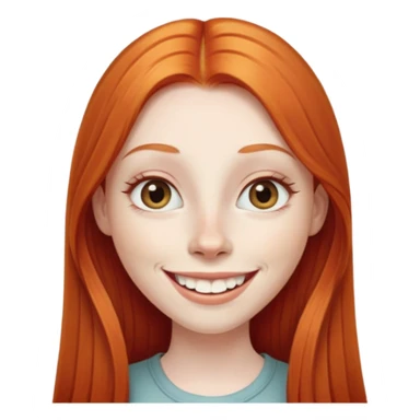 traditional emoji of young girl with very pale skin, long straight bright ginger red hair, elongated almond-shaped eyes, long nose, big smile with large prominent teeth showing, classic round face sticker