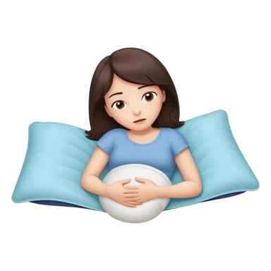  a brunette girl lying down on her side, holding a warm heating pad against her lower belly. She's uncomfortable and sad, her posture should show she’s having menstrual cramps. Use simple lines, rounded shapes, soft colors, and a clean emoji aesthetic. Make it expressive but still adorable sticker