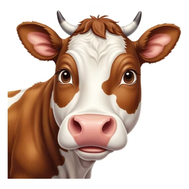 Cinematic Cute Brown and White Cow Portrait Emoji, Head tilted playfully and inquisitively, featuring a glossy, richly patterned hide of brown with striking white patches, round, sparkling brown eyes filled with gentle curiosity, Simplified yet irresistibly adorable features, highly detailed, glowing with a warm, friendly glow, high shine, affectionate and serene, stylized with a touch of country charm, bright and endearing, soft glowing outline, capturing the essence of a mischievous yet loving cow, so playful it feels like it could moo out of the screen and into your arms! sticker