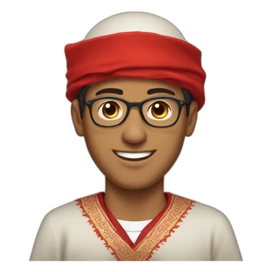 Creating an image of a Moroccan young man wearing glasses, traditional Moroccan attire (djellaba), and a red Moroccan fez on his head. sticker