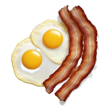 strips of bacon, eggs cooked sunny side up, diced potato hash browns, sausage links breakfast on a white plate dish, with a bowl of fruit as a side and a large glass of orange juice sticker