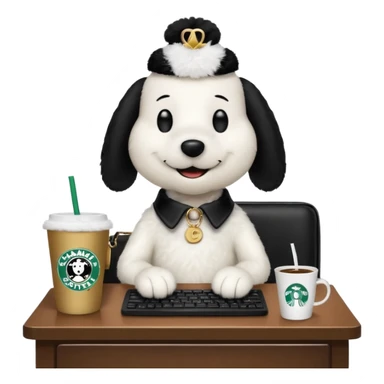 snoopy in a desk with starbucks and his chanel purse sticker