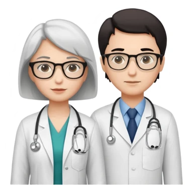 Create four doctors grouped together. Place a female doctor with dark brown short bob hair prominently in the front. Behind her, include:

a doctor with white hair wearing glasses,

a young male doctor with black hair and no glasses,

and a female doctor with black short bob hair wearing glasses. sticker