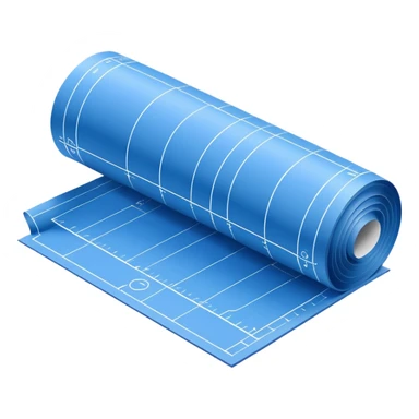 blue blueprint plan with white lines, partially rolled up, perspective view sticker