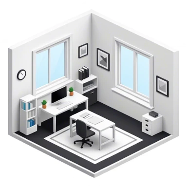 An isometric 3D room with two white walls that meet at the back left and right and a single Window. Black and White Home Office sticker
