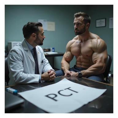 realistic scene of muscular bodybuilder sitting in front of a doctor in white coat in a clinical environment, on the table between them a clear large sheet with the text 'PCT', visible post cycle therapy drugs, professional and serious atmosphere sticker