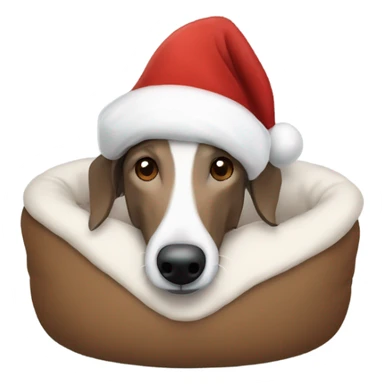 A brown and white lurcher wearing a Christmas hat all snuggled in his bed sticker