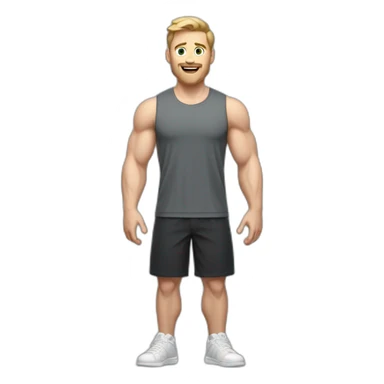 Full height Actively gesturing with hands Pale skinned Fit Man With the biceps and light brown hair in dark gray Sleeveless Mike, black oversize sports shorts and white Sneakers sticker
