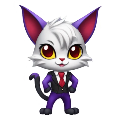 Anthro-Cute-Edgy-Vampiric-Batty-Cat-Black-Purple-Red-Grey-White-Yellow-Contrast-Colors-Fantasy-Fur-Sona-Chibi-Shiny-Fakémon-Hybrid with horns and big fangs neck tie leg spats full body sticker