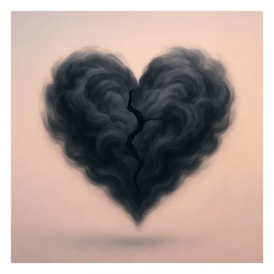 cracked heart constructed from swirling, dark clouds, floating on a minimalist pastel background, abstract, soft gradient aesthetic sticker