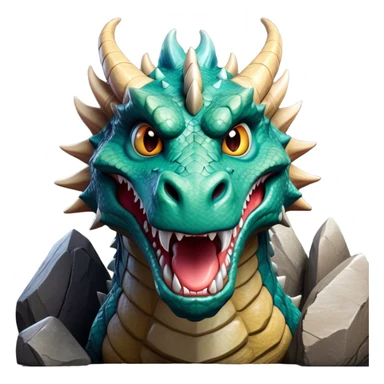 Cinematic Comical Giant Rock Dragon Portrait Emoji, Head tilted dramatically with an exaggeratedly amused expression, featuring a striking, chiseled body with bold stone textures and wide, expressive eyes brimming with playful geologic mischief; rendered with vivid, lifelike detail and dynamic, natural shadows, high shine, dramatic yet humorous, styled with an air of cheeky ancient solidity, soft glowing outline, capturing the essence of a spirited and over‐the‐top stone giant that looks ready to rumble with timeless mirth! sticker