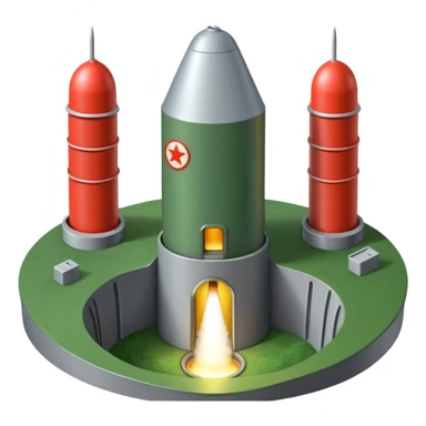 green landscape with sun in top of the background, there is a greynmissile silo hatch open, and the top two thirds of a white nuclear missile launching out of the silo is shown sticker