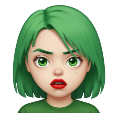girl with green hair like Billie Eilish and red lipstick, angry expression sticker