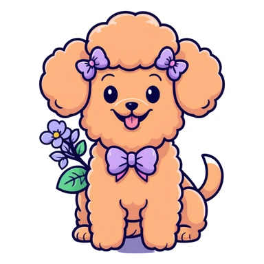 Peach-colored poodle with a narrow, short-haired face, hairstyle like Artemone. Long fluffy ears, each with a thin braid tied with a pink bow at the end. Happy face, smiling. A lilac branch in the mouth. sticker