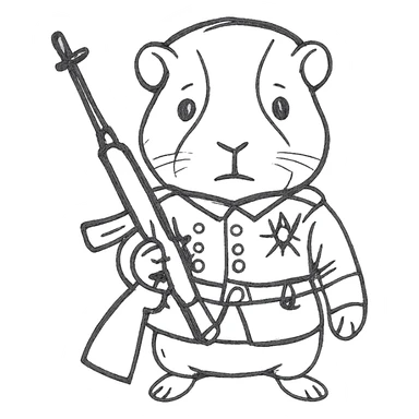 Remove the hat from the guinea pig. Move the gun so it is held across the guinea pig's chest. Keep the military uniform and style the same, hand drawn icon style with no fill, maintaining the original military uniform details and pose. sticker