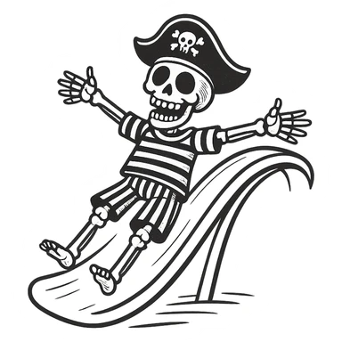 Make the pirate a skeleton pirate, keep the hand drawn doodle style, whimsical and lighthearted, on a water slide. sticker