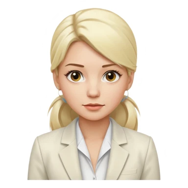 White blonde women with a low ponytail two strands of her in the front a white blouse and white blazer sticker