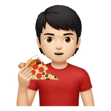 generate a pretty fair bratz boy with a messy mullet (black hair), wearing a red tshirt. eating pizza. He has big biceps sticker