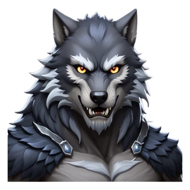 cinematic-noble-fierce-werewolf-portrait-emoji, poised-and-imposing, with a tall, slender yet muscular frame inspired by the brutal, imposing shape of the beast from Berserk, fur rippling in shades of midnight black and silver, eyes glowing with an intense, primal ferocity, reflecting the untamed power of the wild moonlit night; rendered with realism sticker