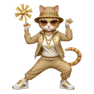 female cat in Run DMC hip-hop outfit with tracksuit, fedora, Adidas sneakers, dark sunglasses, many gold chains and bling accessories, doing a windmill break dance move sticker