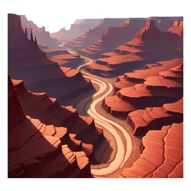 Cinematic Realistic Canyon Emoji, Vast and rugged, with deep red rock formations and winding paths leading down to a dry, dusty floor. Sunlight casts long shadows across the craggy surfaces, highlighting the layers of ancient rock. Soft glowing outline, capturing the essence of dramatic beauty and ancient history in a mighty canyon. sticker