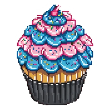 giant cupcake with pink icing and colorful sprinkles, striped cupcake wrapper, pixel art style sticker