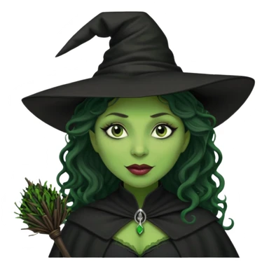 elphaba the wicked witch from wicked movie (cynthia erivo) dark long curly hair, thick lips, green skins, witch hat, witch broom, evil, wicked musical film  sticker