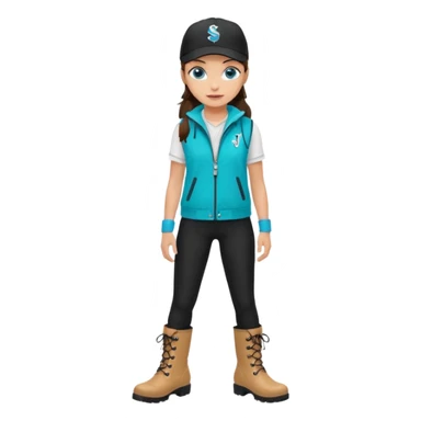 A landscaper in a beautiful turquoise jacket and turquoise rubber boots, black pants, and a black sleeveless shirt. On her head is a black color Swissotel baseball cap. The girl is a brunette with blue eyes. sticker