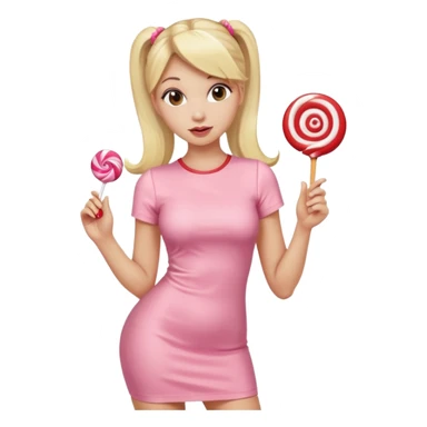 Beautiful woman with long blonde ponytails wearing light pink bodycon dress holding a lollipop sticker