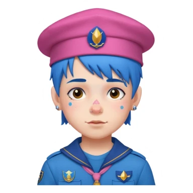 scout boy with very pink scout uniform, blue haired and hat, tattoed sticker