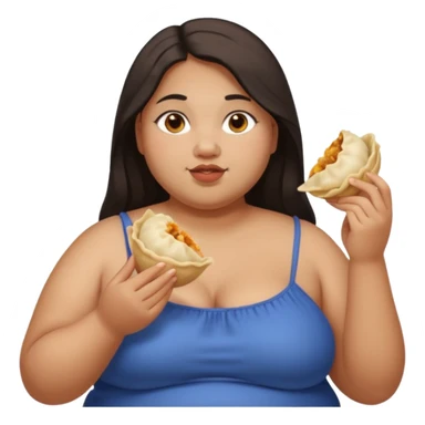 Can you create an emoji of a half Indian - half white 23 year old girl with dark brown mid length hair and brown eyes who is super obese and eating a dumpling. Full body and make her really fat sticker