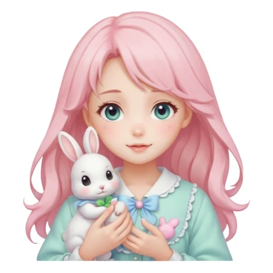 Gorgeous pastel anime style lady with blushing face and holding a bunny cottagecore fairycore pastelcore colorful pearly romantic simplistic aesthetic trending style sticker
